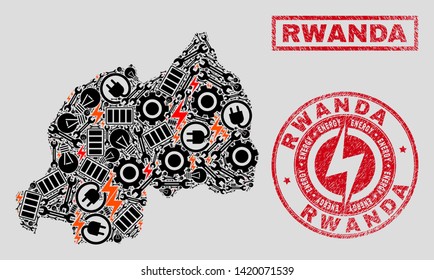 Composition of mosaic power supply Rwanda map and grunge seals. Mosaic vector Rwanda map is composed with hardware and power symbols. Black and red colors used. Concept for power supply services.