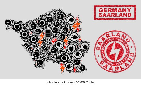 Composition of mosaic power supply Saarland Land map and grunge seals. Mosaic vector Saarland Land map is designed with hardware and bulb symbols. Black and red colors used.