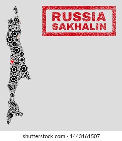 Composition of mosaic power supply Sakhalin Island map and grunge watermarks. Mosaic vector Sakhalin Island map is designed with equipment and lamp elements. Black and red colors used.