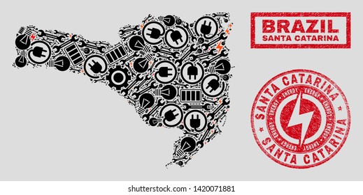 Composition of mosaic power supply Santa Catarina State map and grunge stamps. Mosaic vector Santa Catarina State map is created with service and energy icons. Black and red colors used.