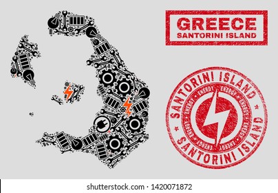 Composition of mosaic power supply Santorini Island map and grunge stamp seals. Mosaic vector Santorini Island map is designed with service and electricity elements. Black and red colors used.