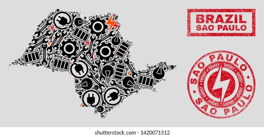 Composition of mosaic power supply Sao Paulo State map and grunge seals. Collage vector Sao Paulo State map is designed with tools and power symbols. Black and red colors used.