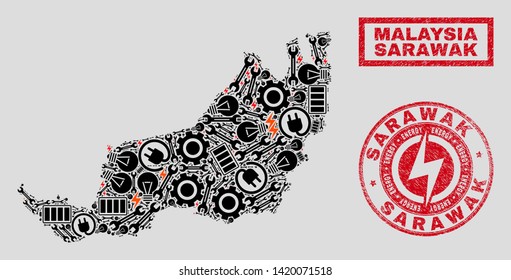 Composition of mosaic power supply Sarawak State map and grunge watermarks. Mosaic vector Sarawak State map is composed with hardware and energy symbols. Black and red colors used.