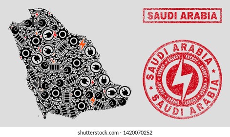 Composition of mosaic power supply Saudi Arabia map and grunge stamps. Mosaic vector Saudi Arabia map is created with gear and power icons. Black and red colors used.