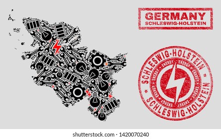 Composition of mosaic power supply Schleswig-Holstein Land map and grunge watermarks. Mosaic vector Schleswig-Holstein Land map is designed with workshop and innovation icons.