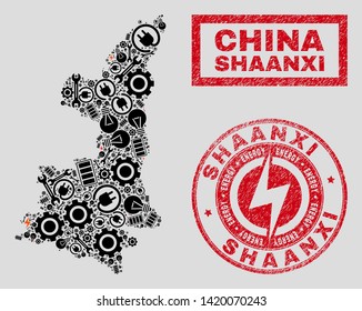Composition of mosaic power supply Shaanxi Province map and grunge watermarks. Mosaic vector Shaanxi Province map is created with service and power elements. Black and red colors used.