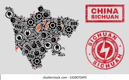 Composition of mosaic power supply Sichuan Province map and grunge watermarks. Mosaic vector Sichuan Province map is designed with tools and electricity elements. Black and red colors used.