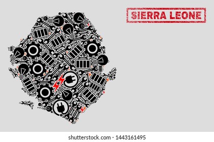 Composition of mosaic power supply Sierra Leone map and grunge stamps. Mosaic vector Sierra Leone map is created with service and power elements. Black and red colors used.