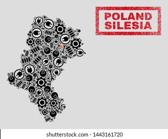 Composition of mosaic power supply Silesian Voivodeship map and grunge stamp seals. Collage vector Silesian Voivodeship map is composed with repair and energy symbols. Black and red colors used.