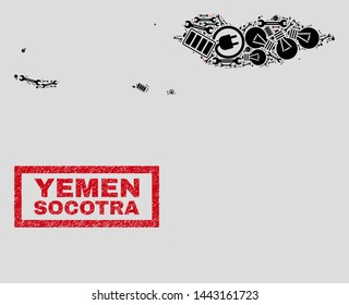 Composition of mosaic power supply Socotra Archipelago map and grunge stamps. Collage vector Socotra Archipelago map is created with hardware and electric symbols. Black and red colors used.