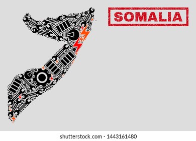 Composition of mosaic power supply Somalia map and grunge seals. Mosaic vector Somalia map is composed with hardware and electricity symbols. Black and red colors used.