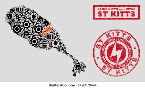 Composition of mosaic power supply St Kitts Island map and grunge stamps. Collage vector St Kitts Island map is created with workshop and power symbols. Black and red colors used.