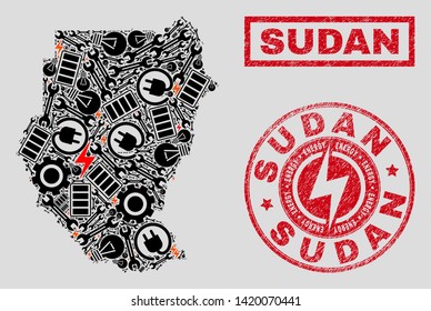 Composition of mosaic power supply Sudan map and grunge stamps. Mosaic vector Sudan map is composed with tools and electric elements. Black and red colors used. Templates for power supply services.