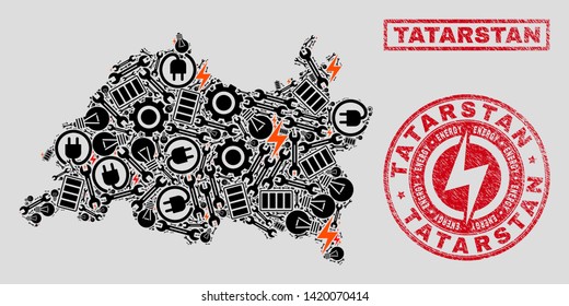 Composition of mosaic power supply Tatarstan map and grunge stamps. Mosaic vector Tatarstan map is created with repair and electric icons. Black and red colors used.