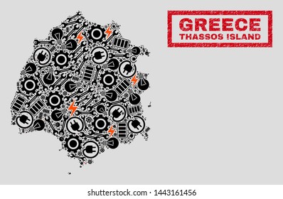 Composition of mosaic power supply Thassos Island map and grunge stamps. Mosaic vector Thassos Island map is composed with hardware and power symbols. Black and red colors used.