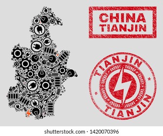 Composition of mosaic power supply Tianjin City map and grunge stamp seals. Mosaic vector Tianjin City map is created with tools and bulb icons. Black and red colors used.