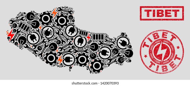 Composition of mosaic power supply Tibet map and grunge seals. Mosaic vector Tibet map is created with equipment and bulb elements. Black and red colors used. Concept for power supply services.