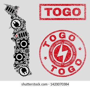 Composition of mosaic power supply Togo map and grunge stamps. Mosaic vector Togo map is composed with tools and bulb symbols. Black and red colors used. Abstract images for power supply business.