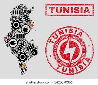 Composition of mosaic power supply Tunisia map and grunge stamp seals. Mosaic vector Tunisia map is composed with gear and power elements. Black and red colors used.