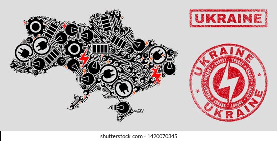 Composition of mosaic power supply Ukraine map and grunge stamps. Mosaic vector Ukraine map is designed with equipment and electric elements. Black and red colors used.