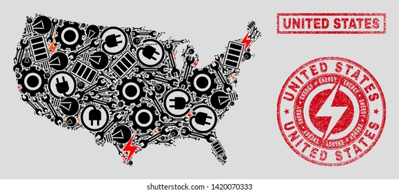 Composition of mosaic power supply United States map and grunge stamp seals. Mosaic vector United States map is composed with gear and bulb elements. Black and red colors used.