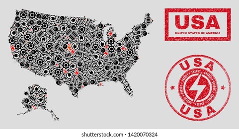 Composition of mosaic power supply USA with Alaska map and grunge stamp seals. Mosaic vector USA with Alaska map is created with gear and energy elements. Black and red colors used.