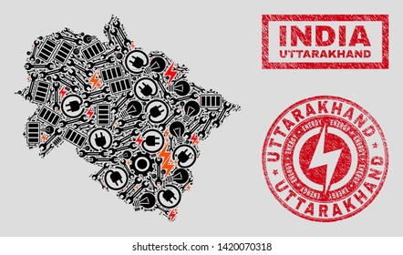 Composition of mosaic power supply Uttarakhand State map and grunge stamp seals. Mosaic vector Uttarakhand State map is composed with service and electric elements. Black and red colors used.