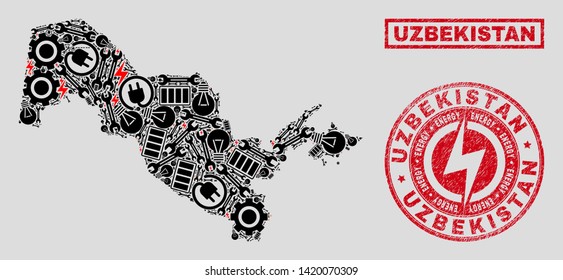 Composition of mosaic power supply Uzbekistan map and grunge stamps. Collage vector Uzbekistan map is designed with equipment and electricity elements. Black and red colors used.