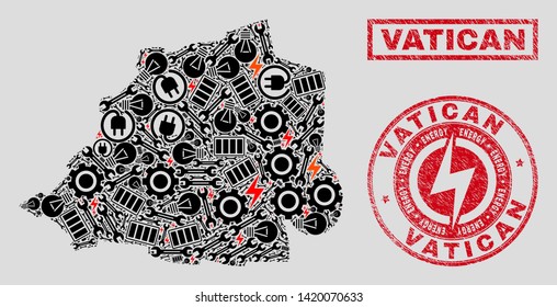 Composition of mosaic power supply Vatican map and grunge stamp seals. Mosaic vector Vatican map is designed with gear and power symbols. Black and red colors used. Concept for power supply business.