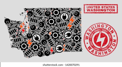 Composition of mosaic power supply Washington State map and grunge stamp seals. Collage vector Washington State map is composed with equipment and innovation icons. Black and red colors used.