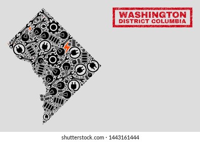 Composition of mosaic power supply Washington District Columbia map and grunge stamps. Mosaic vector Washington District Columbia map is designed with repair and electricity elements.
