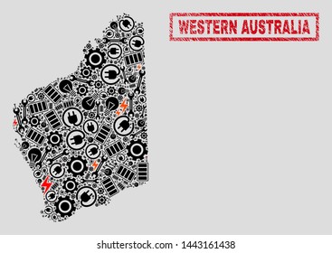 Composition of mosaic power supply Western Australia map and grunge watermarks. Mosaic vector Western Australia map is created with equipment and electric elements. Black and red colors used.
