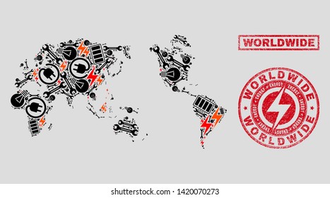Composition of mosaic power supply worldwide map and grunge stamp seals. Mosaic vector worldwide map is composed with gear and innovation elements. Black and red colors used.