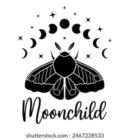 Composition with moth, moon, stars and lettering Moonchild