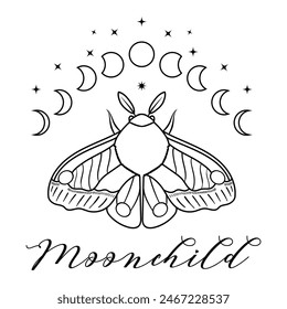 Composition with moth, moon, stars and lettering Moonchild