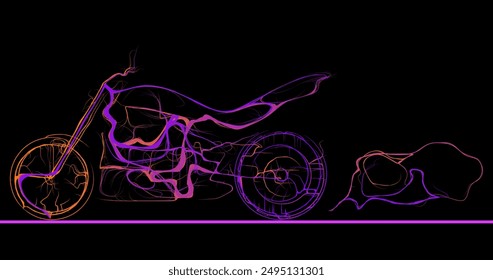 Composition of a motorcycle standing sideways from wavy lines along the contour of neon color on a black background. Vector illustration.