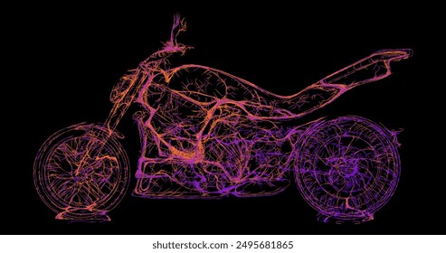 Composition of a motorcycle standing sideways from wavy lines along the contour of neon color on a black background. Vector illustration.