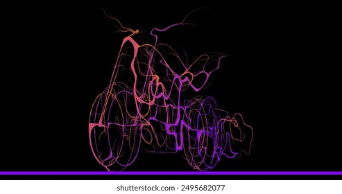 Composition of a motorcycle standing sideways from wavy lines along the contour of neon color on a black background. Vector illustration.