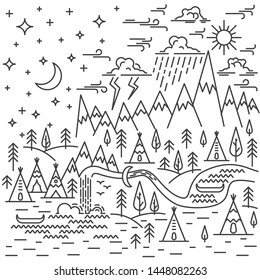 Composition with Mountains and river, pine tree and waterfalls landscape on white background. Day and high sky. Line style banner for tepee camping. Vector illustration.