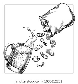 Composition From a Mug of Beer with a foam splash and Snacks, chips that poured from an open package from the top. Hand drawn sketch, template for the menu of restaurant, pub, bar. Ink style, Vector