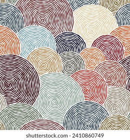 Composition of multicolored circles with optical illusion spirals. Abstract geometric background. Modern style design. Seamless repeating pattern.