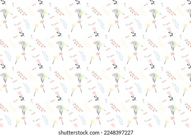 Composition with multicolored flowers and leaves, abstract background, vector pattern for design. Illustration