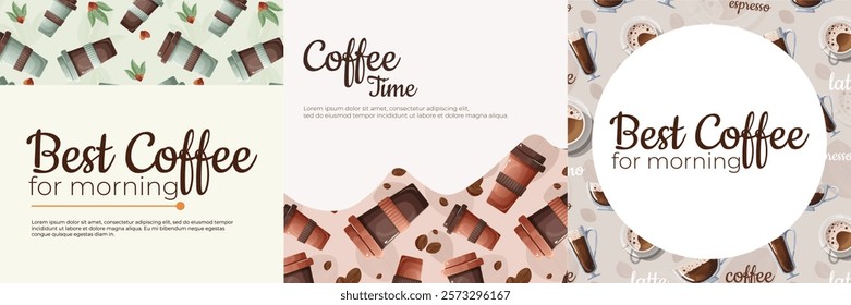  A composition of multiple posts with a coffee theme for social media. Features cups, beans, leaves, and text elements, creating a bright and stylish visual design.

