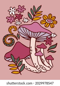 Composition with mushrooms and flowers. Folk style. 