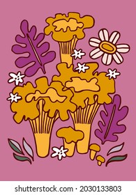 Composition with mushrooms and flowers. Folk style. 