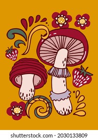 Composition with mushrooms and flowers. Folk style. 