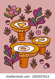 Composition with mushrooms and flowers. Folk style. 