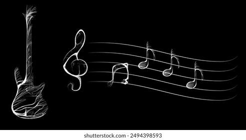 Composition of musical instrument guitar and notes from wavy lines along white contour on black background. Vector illustration.