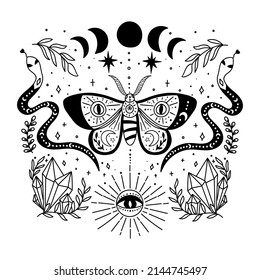 Composition of mystic moth. Decorated with magic elements, flowers, moons and stars.