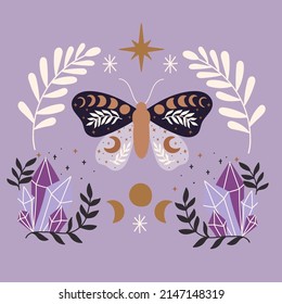 Composition of mystic moth. Decorated with magic elements, flowers, moons and stars.